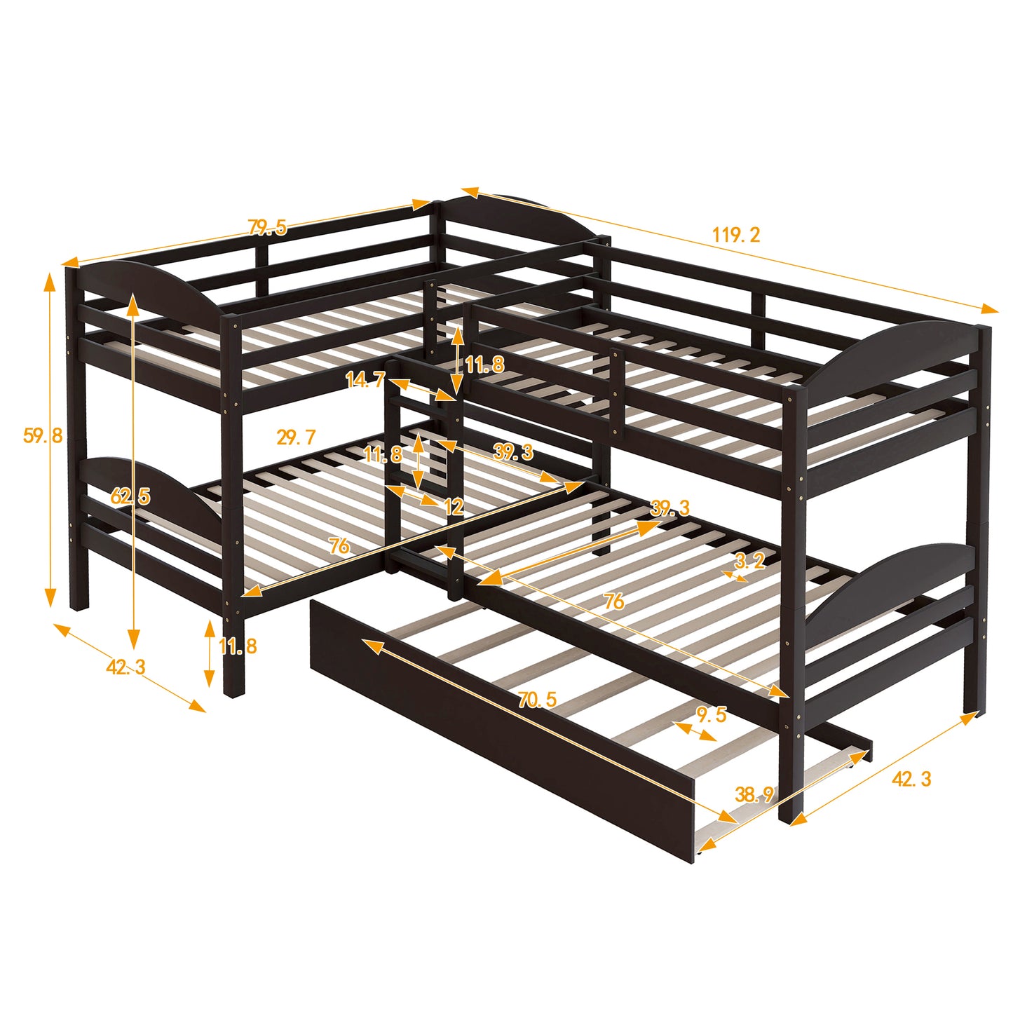 L-Shaped Bunk Bed with Trundle in Espresso Finish - Space-Saving Twin Bed Set for Families and Sleepovers