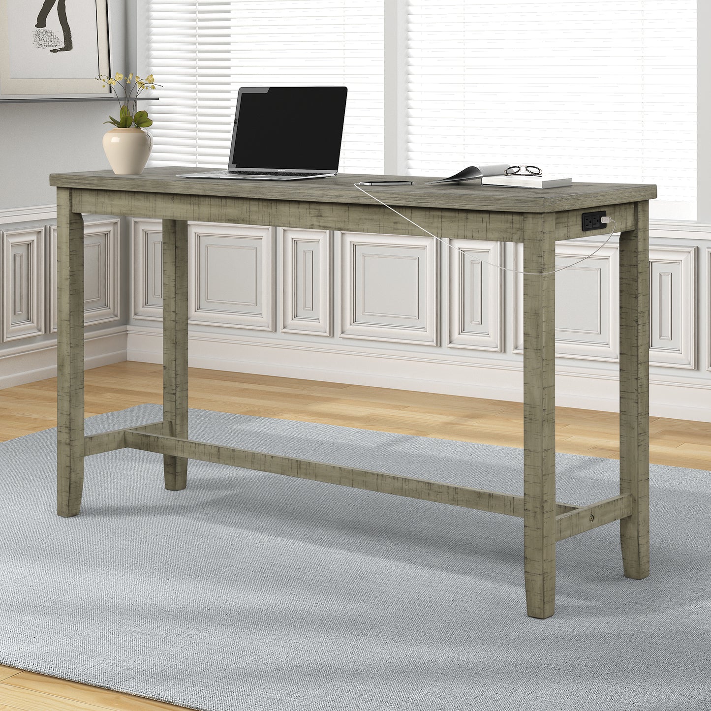 4 Pieces Counter Height Table with Fabric Padded Stools,Rustic Bar Dining Set with Socket,Gray Green