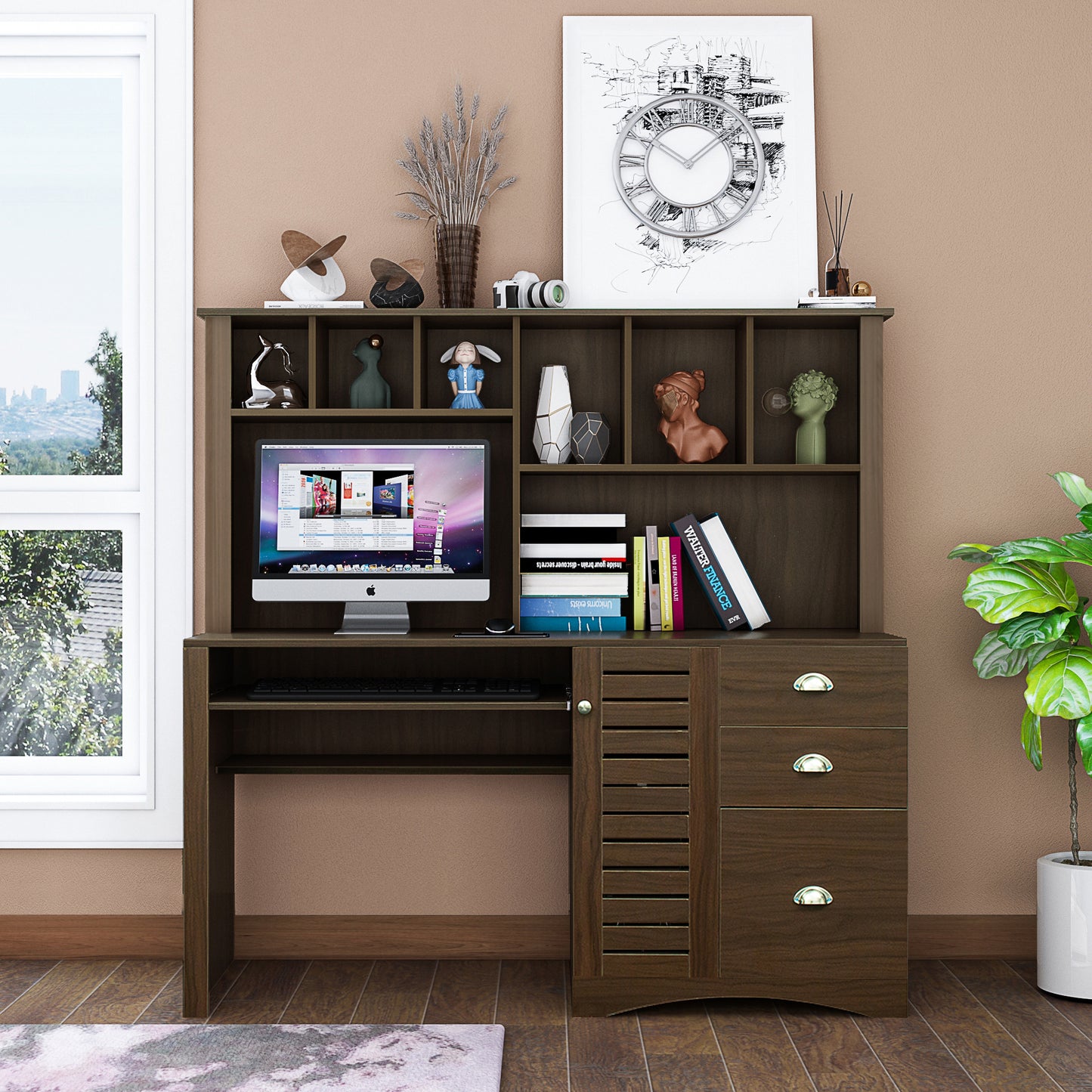 Elegant Walnut Home Office Desk with Hutch and Spacious Storage Capability