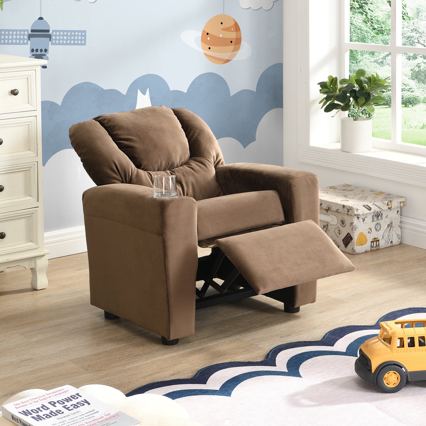 Kids Velvet Recliner Chair with Cup Holder and Footrest