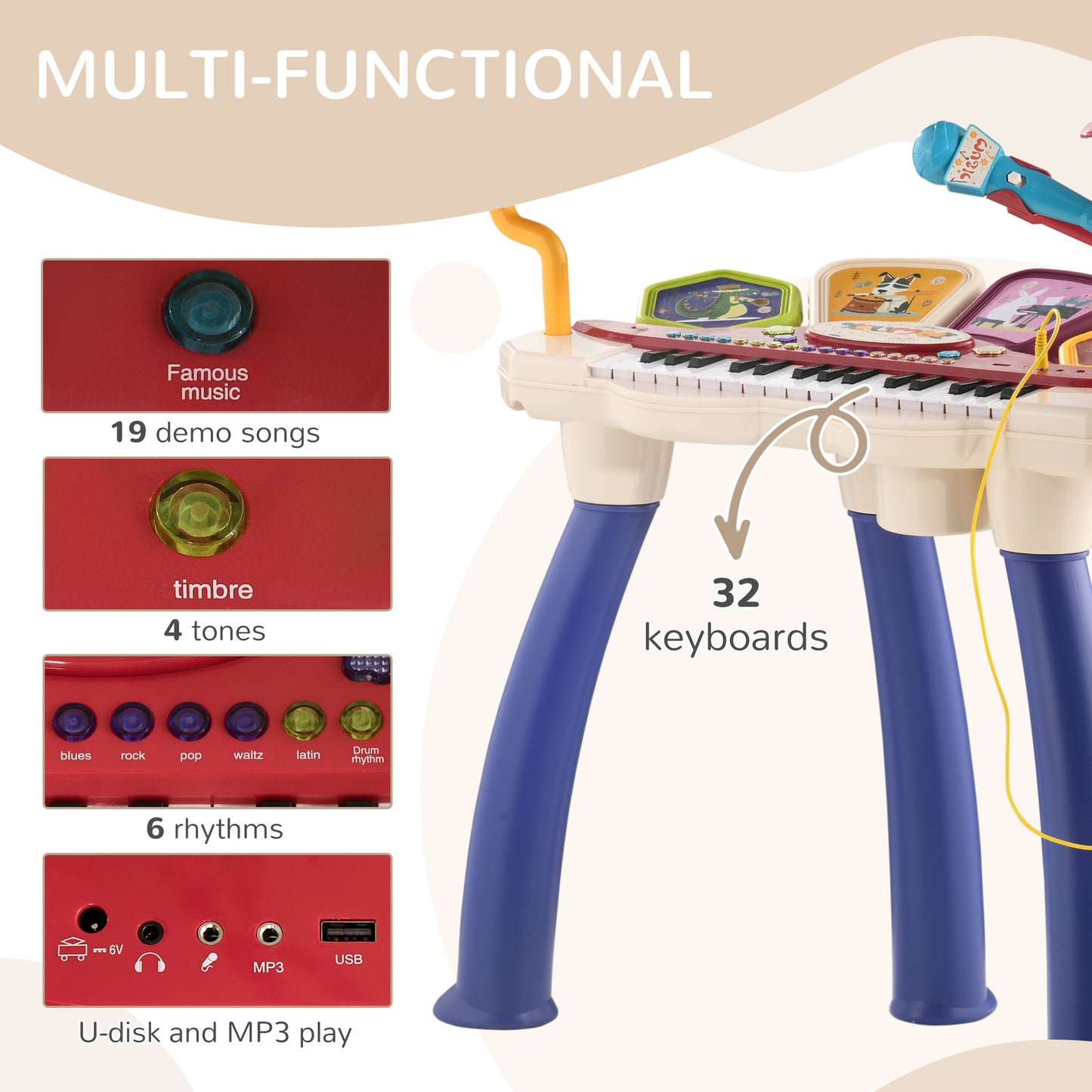 Qaba 2 in 1 Kids Piano Keyboard with Drum Set, 32-Key Electronic Musical Instrument with Multiple Sounds, Lights, Microphone, Stool, MP3, U-disk, Auto-Hibernation Function for Girls & Boys