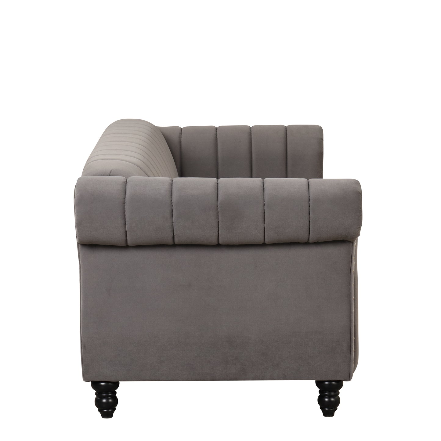 Contemporary Gray Upholstered Sofa with Buttoned Tufted Backrest and Solid Wood Legs