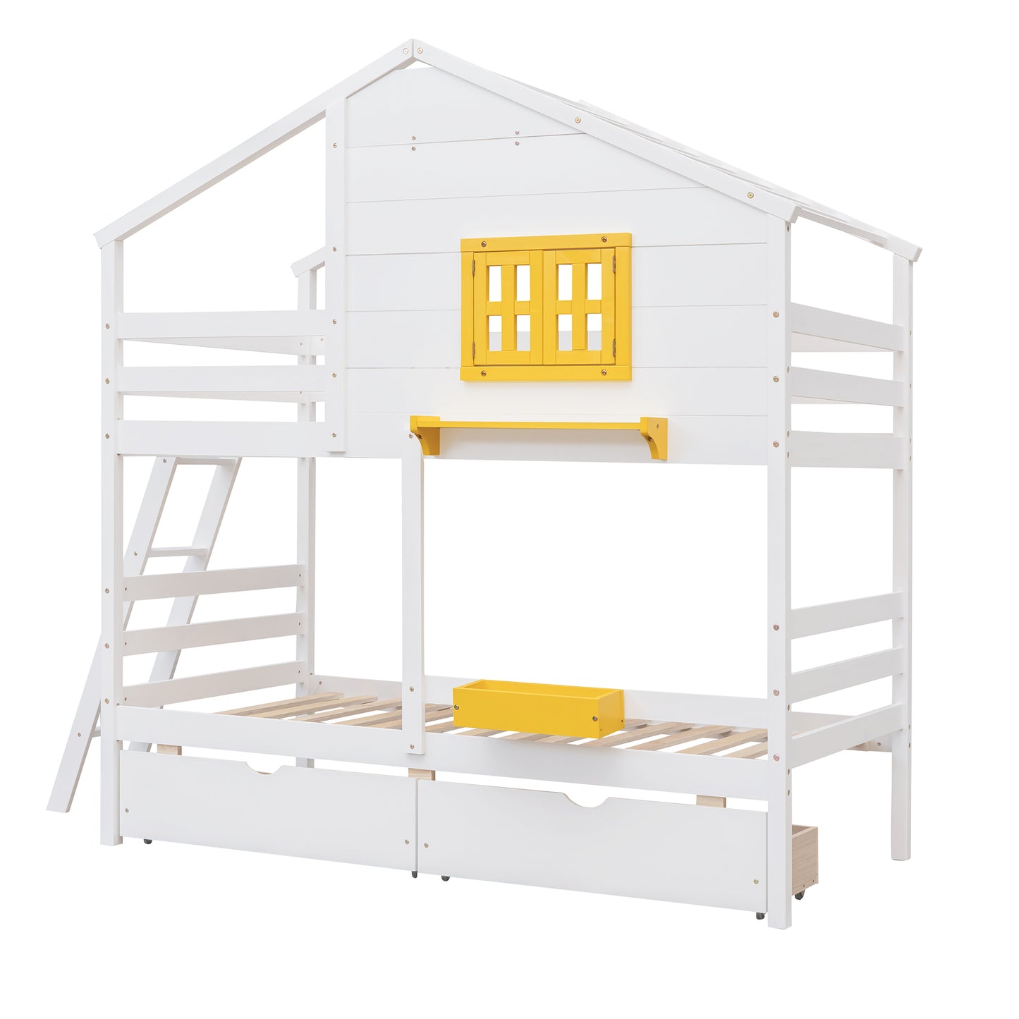 White Playhouse-Inspired Twin Bunk Bed with Storage and Roof