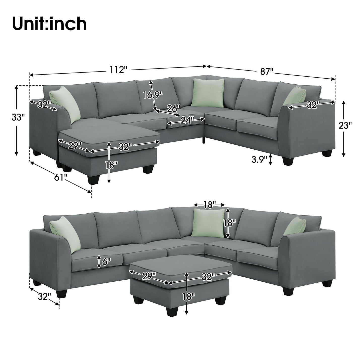 Grey L-Shaped Sectional Sofa Set with Ottoman and Pillows for Living Room