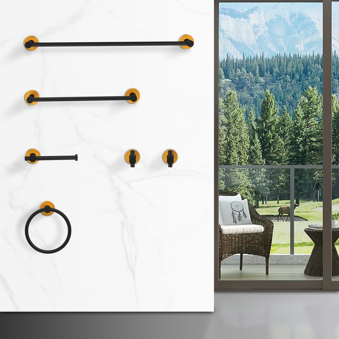 Sleek Black and Gold Bathroom Hardware Set with 6-Piece Wall Mounted Towel Bar