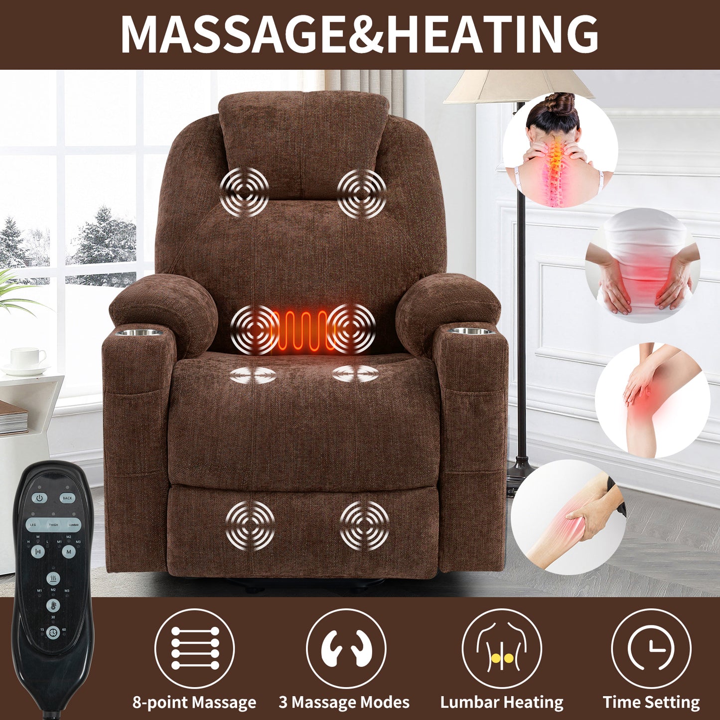 Okin Motor Chenille Power Lift Recliner Chair with Massage, Heating, USB Ports, and Cup Holders - Brown