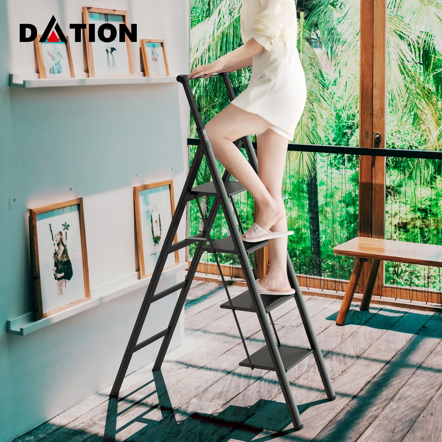 4 Step Ladder, Retractable Handgrip Folding Step Stool with Anti-Slip Wide Pedal, Aluminum Step Ladders 4 Steps, 300lbs Safety Household Ladder