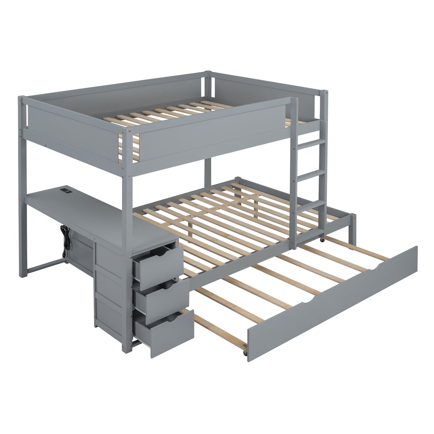 Full-Over-Full Bunk Bed with Twin Trundle, Storage, Desk, and USB Outlets, Gray - Ultimate Space-Saving Solution for Bedroom