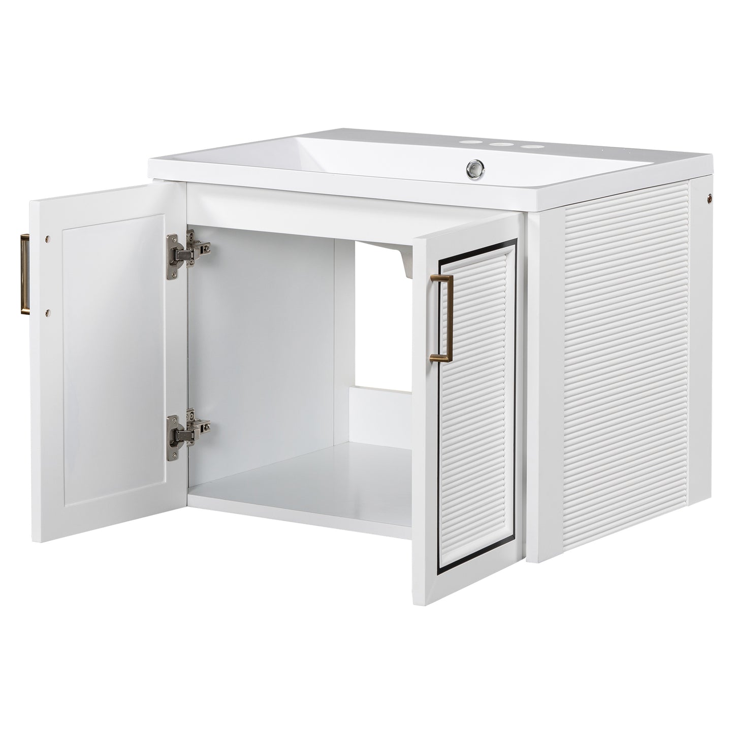 24" Wall Mounted Bathroom Vanity with Ceramic Basin, Two Shutter Doors, Solid Wood & MDF Board, White (One Package)