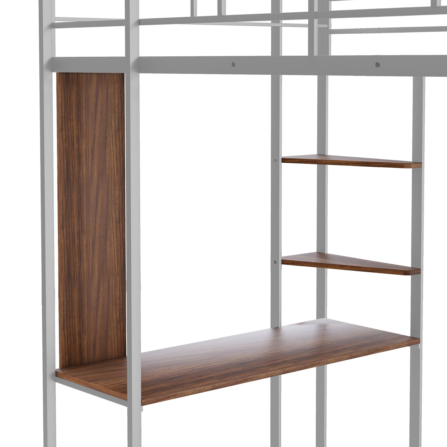 Twin Metal Loft Bed with 2 Shelves and one Desk ,Silver(: MF281206AAN)