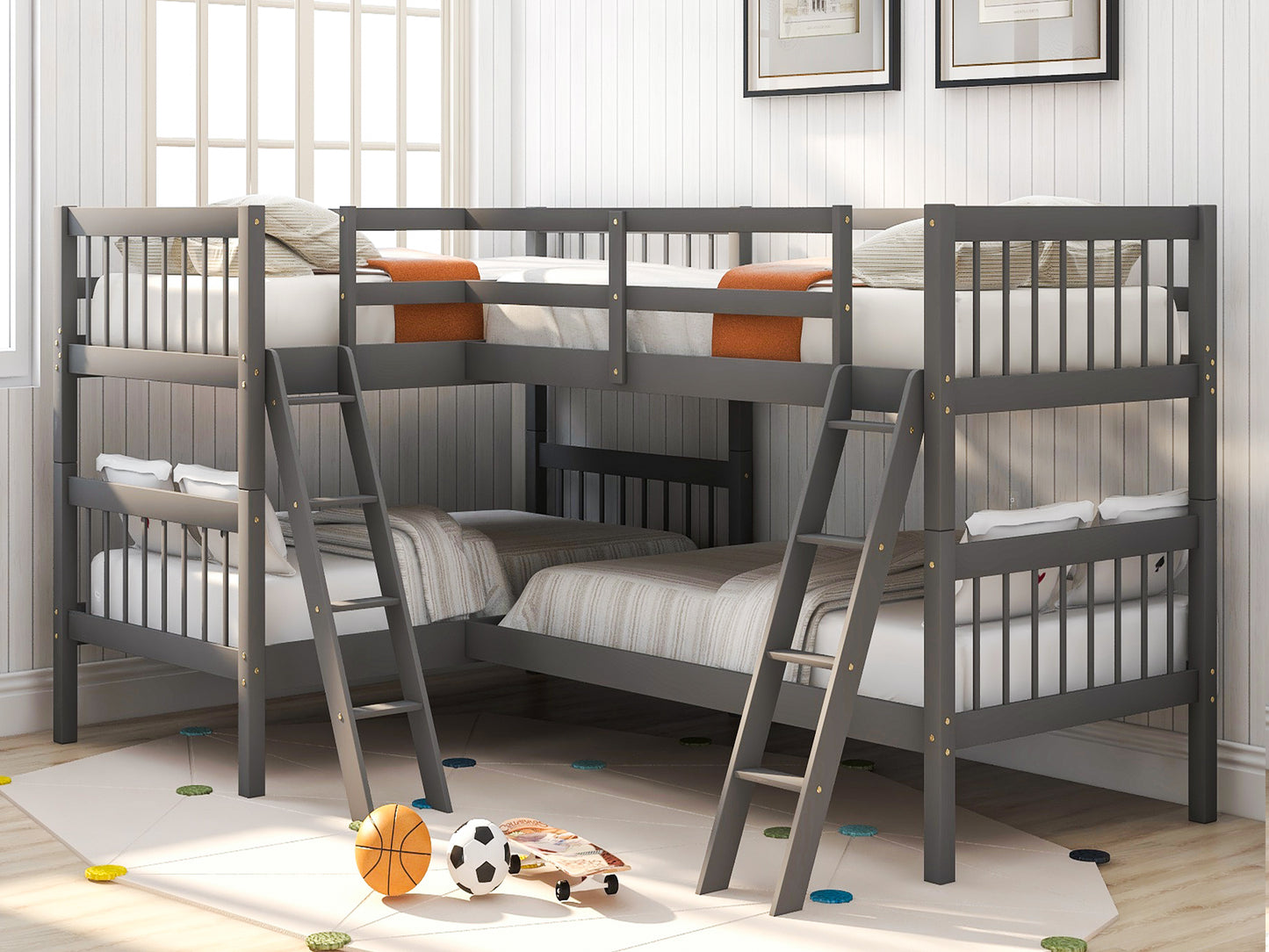 L-Shaped Twin-Size Gray Bunk Bed with Versatile Design