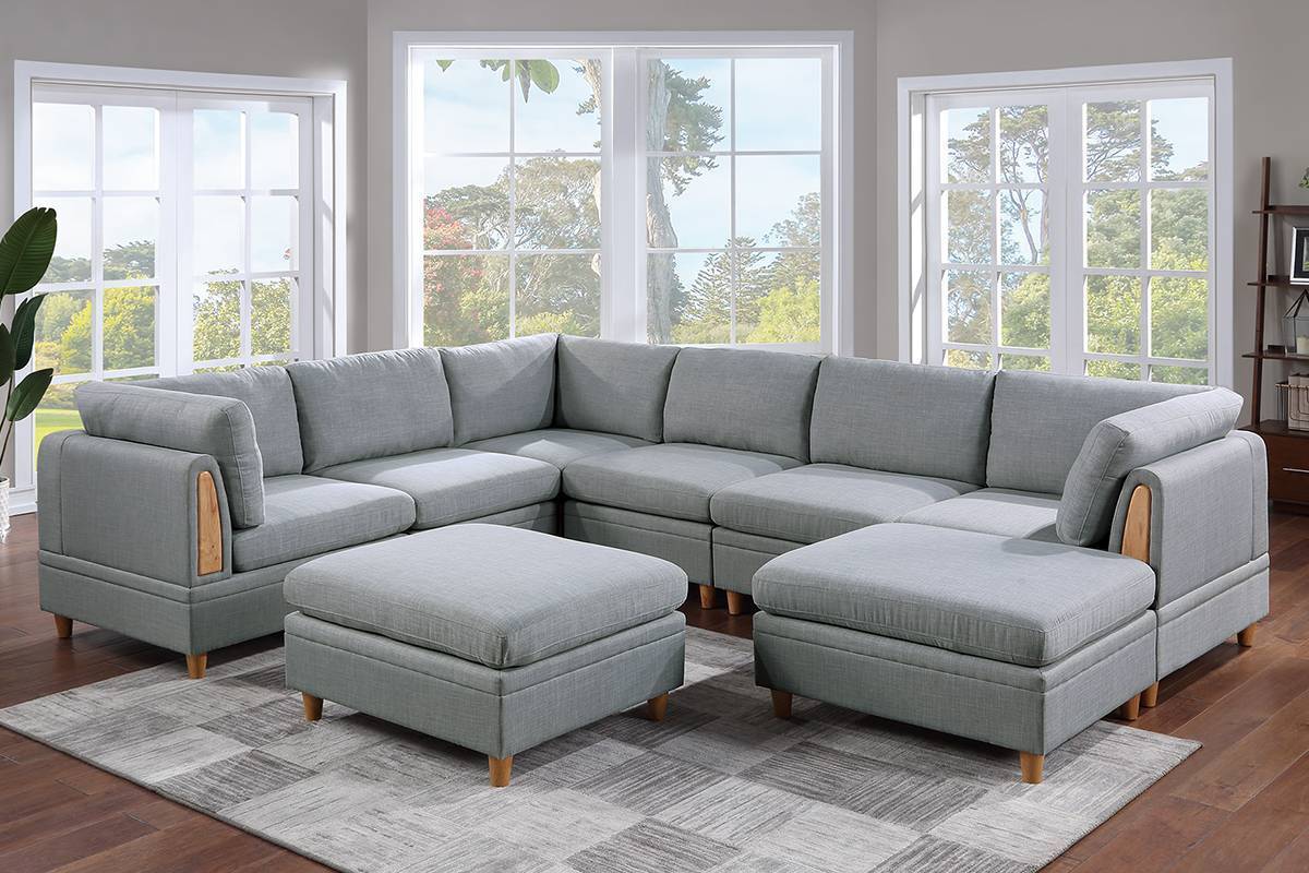 Contemporary Light Grey Sectional Sofa Set with Ottoman