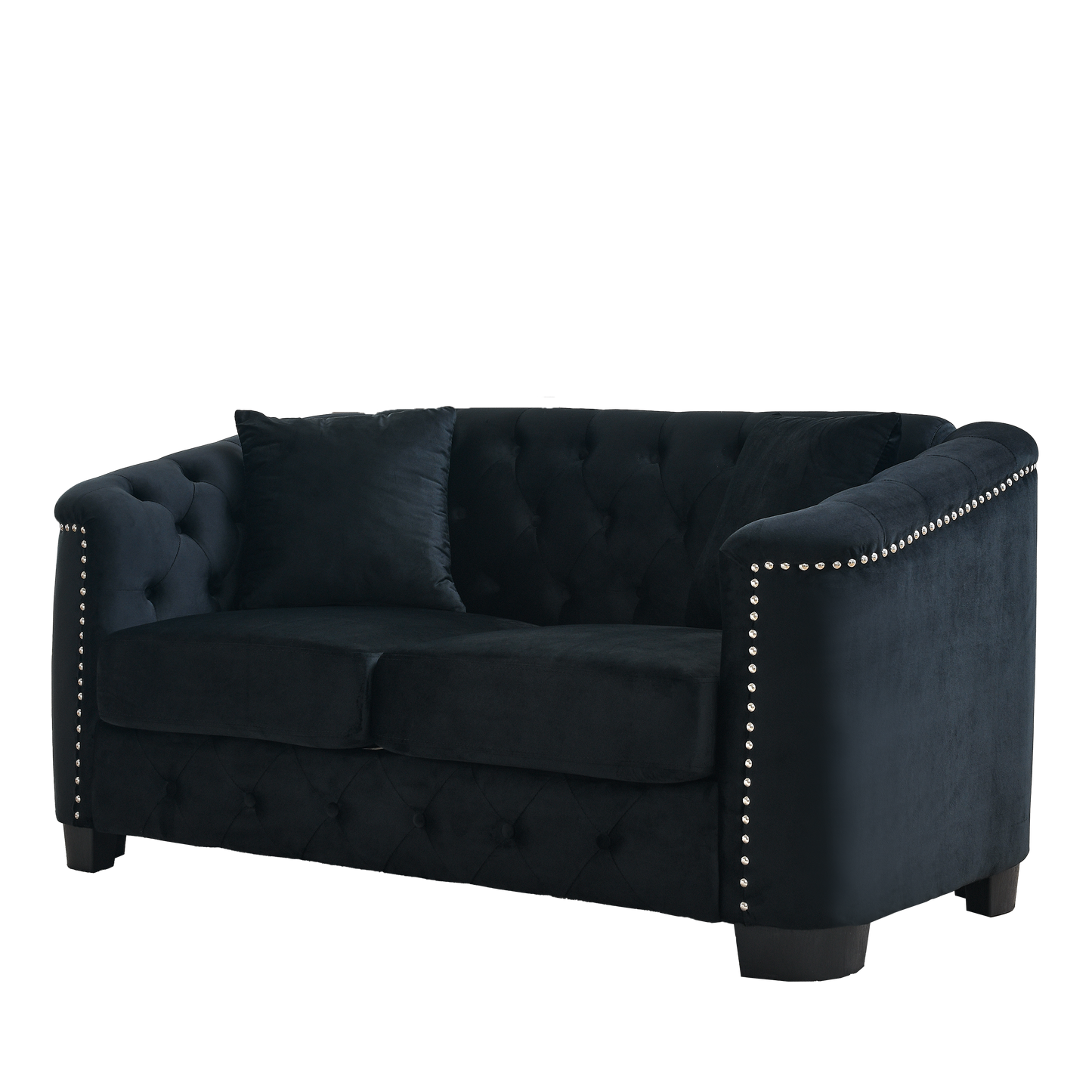 Luxurious Black Velvet Chesterfield Sofa, 2-Seater with Nailhead Arms