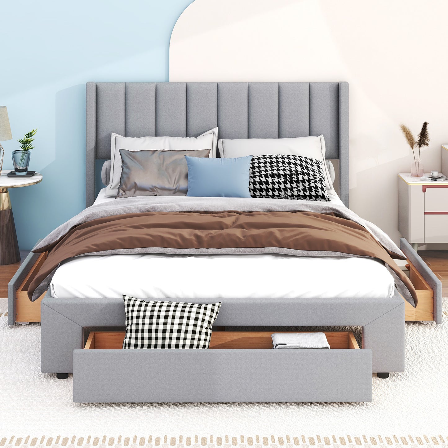 Queen Size Upholstered Platform Bed with One Large Drawer in the Footboard and Drawer on Each Side,Gray