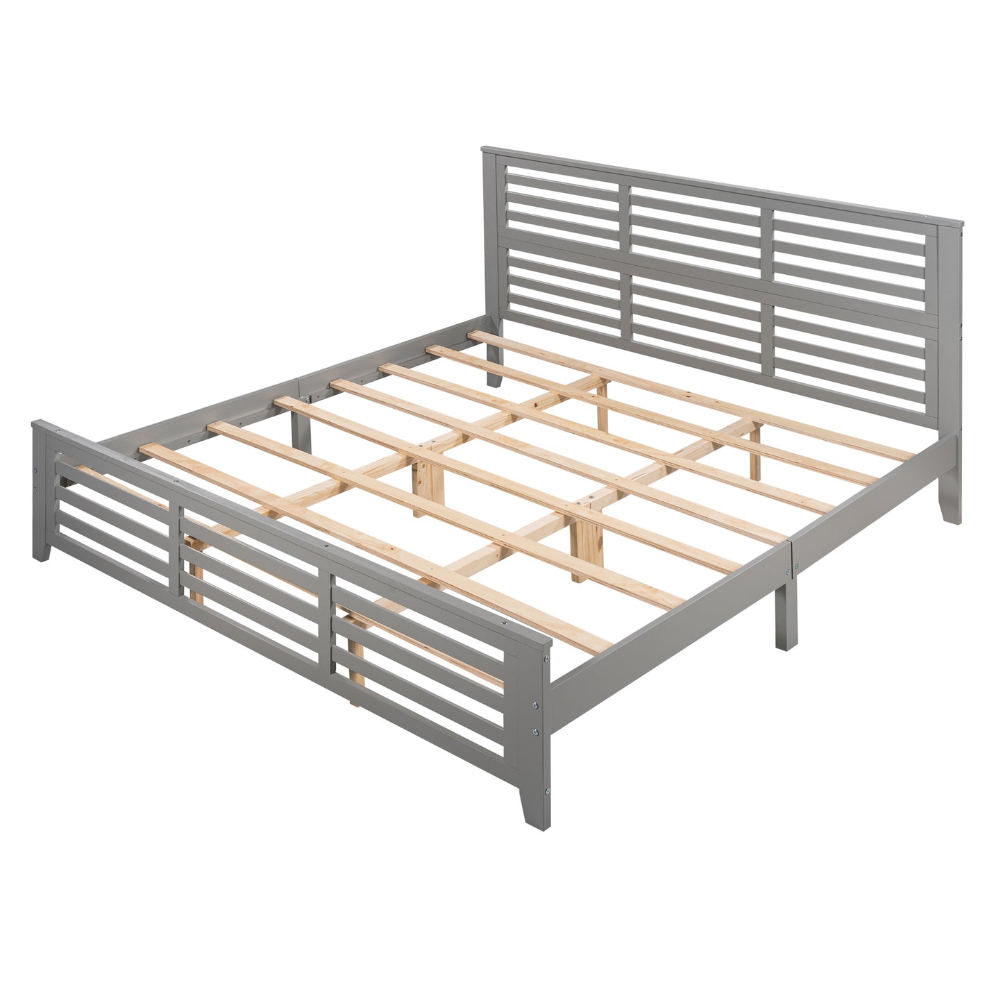 Platform bed with horizontal strip hollow shape, King size, gray