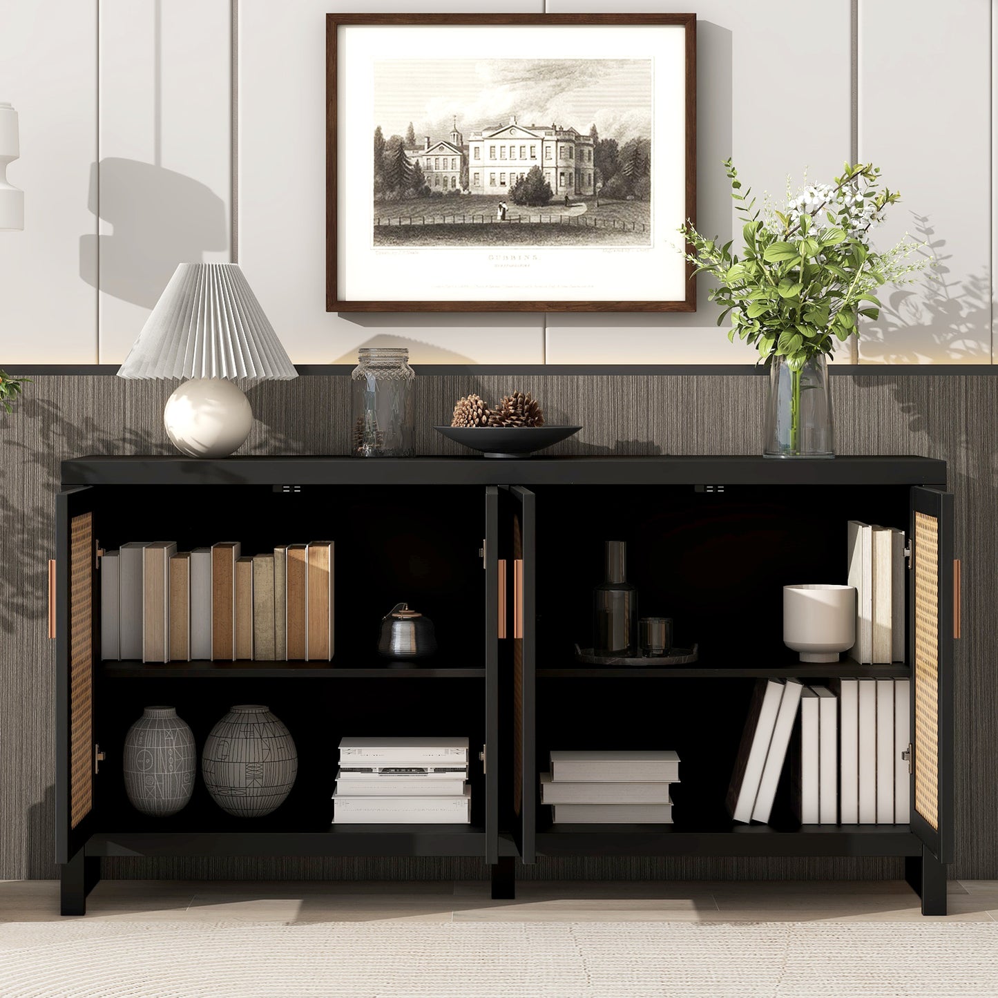 Modern TV Stand with Rattan Doors and Adjustable Shelves for 65-inch TV