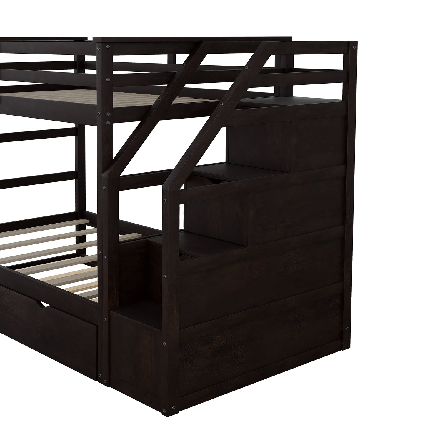 Elegantly Functional Espresso Twin Bunk Bed with Trundle, Stairs, and Storage