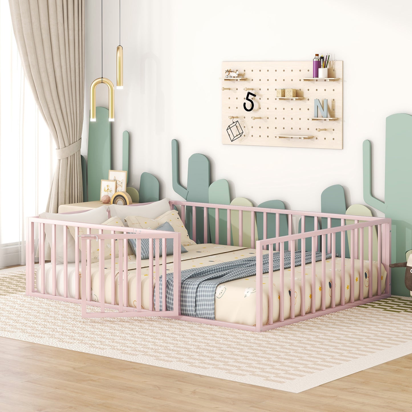 Queen Size Metal Floor Bed Frame with Fence and Door, Pink