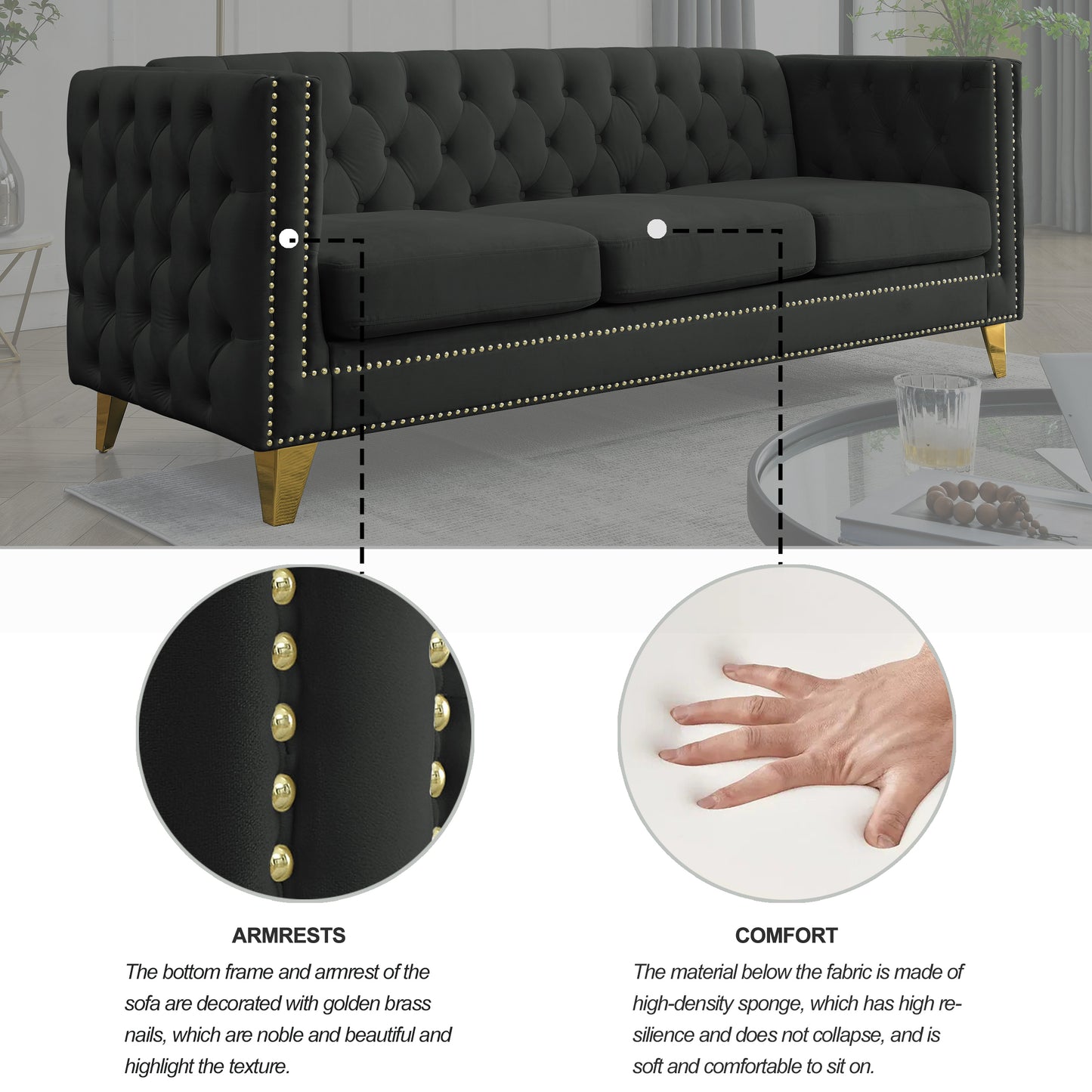 Velvet Sofa for Living Room,Buttons Tufted Square Arm Couch, Modern Couch Upholstered Button and Metal Legs, Sofa Couch for Bedroom, Black Velvet ,2PCS