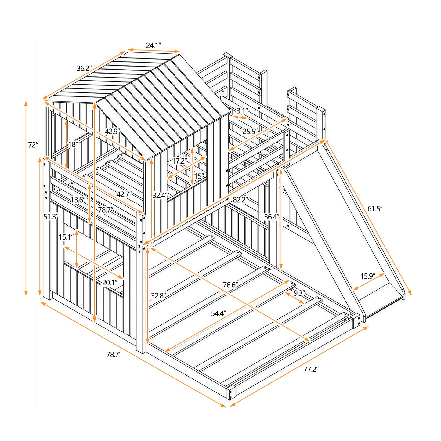 White Wooden Bunk Bed with Playhouse and Slide - Farmhouse Style