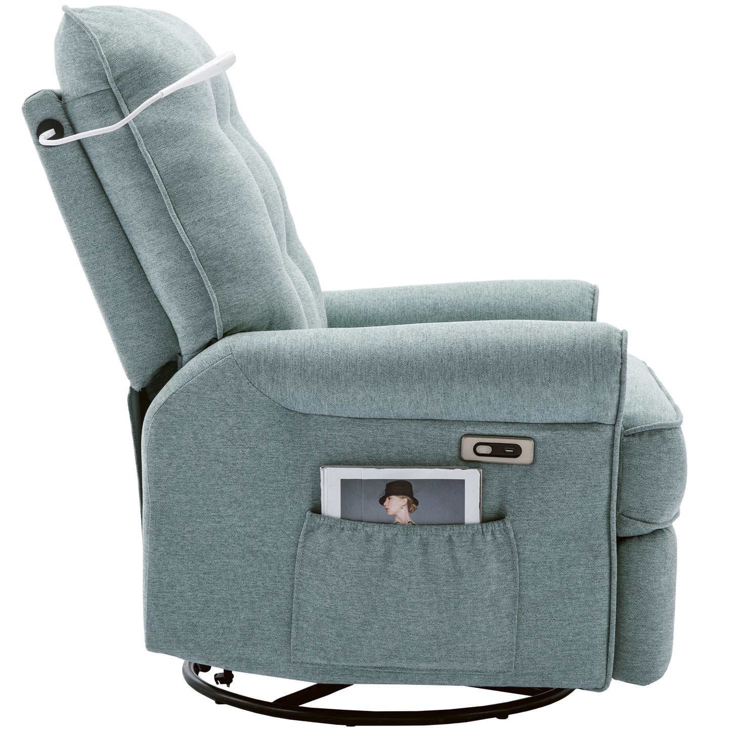 Lotus Green Swivel Recliner Chair with USB Port, Side Pocket, and Touch Sensitive Lamp