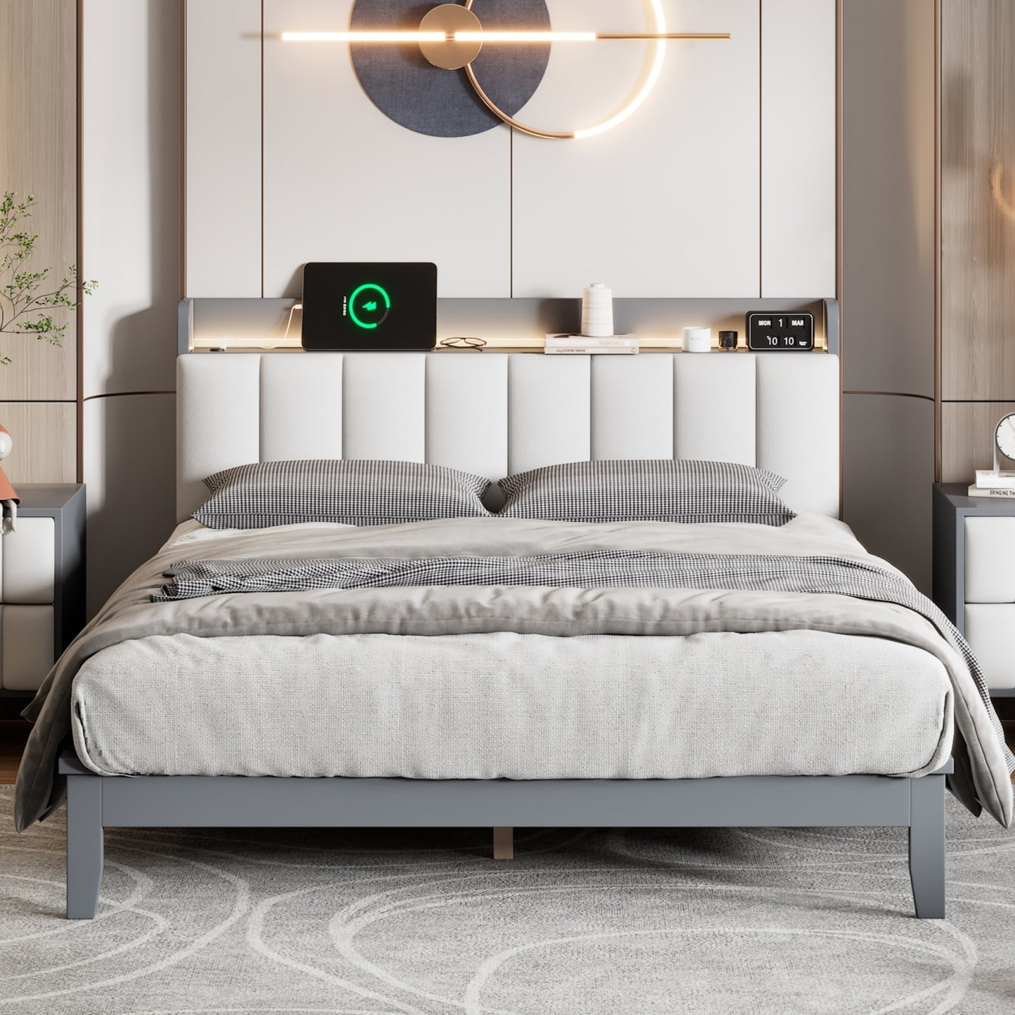 Queen size Platform Bed with USB Charging Station and Storage Upholstered Headboard,LED Bed Frame,No Box Spring Needed,Gray+White