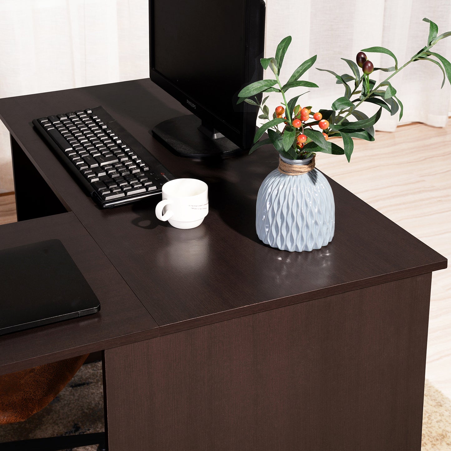 L-Shaped Computer Desk with Open Shelves and Ample Storage