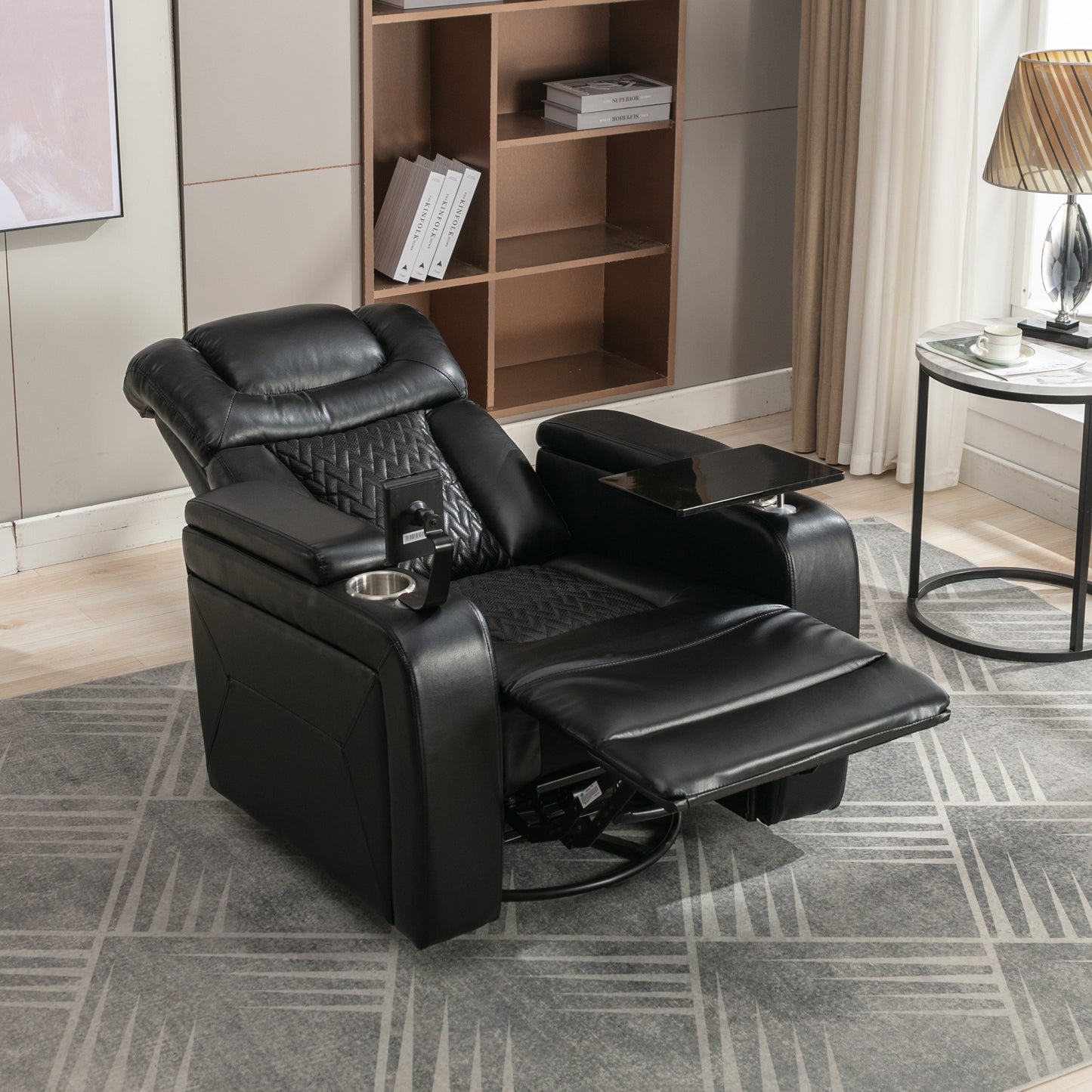 Luxury Black Swivel Recliner Chair with Tray Table, Phone Holder, and USB Port