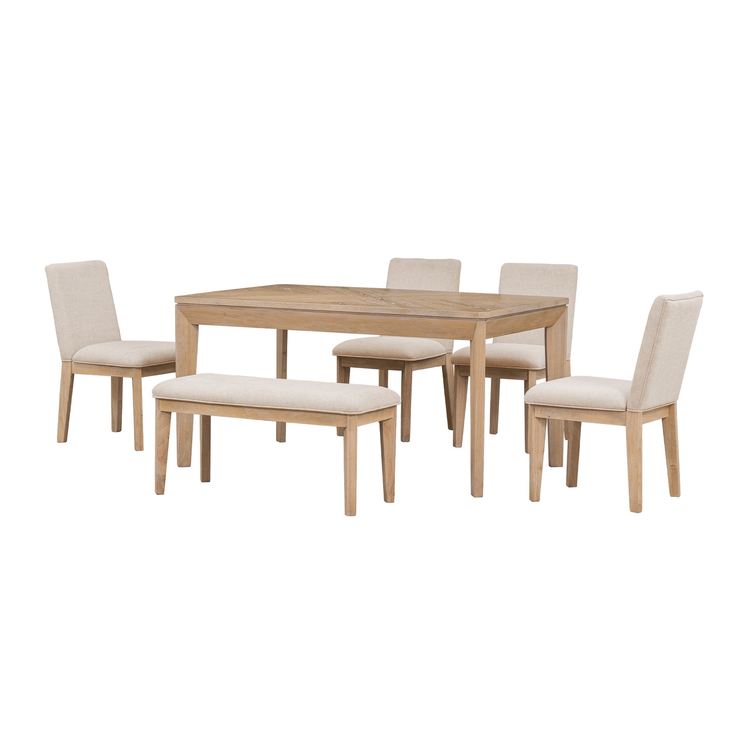 6-Piece Dining Table Set with Upholstered Dining Chairs and Bench,Farmhouse Style, Tapered Legs, Natural+Beige