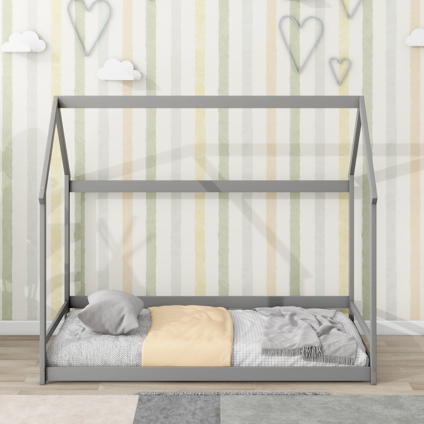 Twin House-Shaped Floor Bed with 2 Detachable Stands,Grey