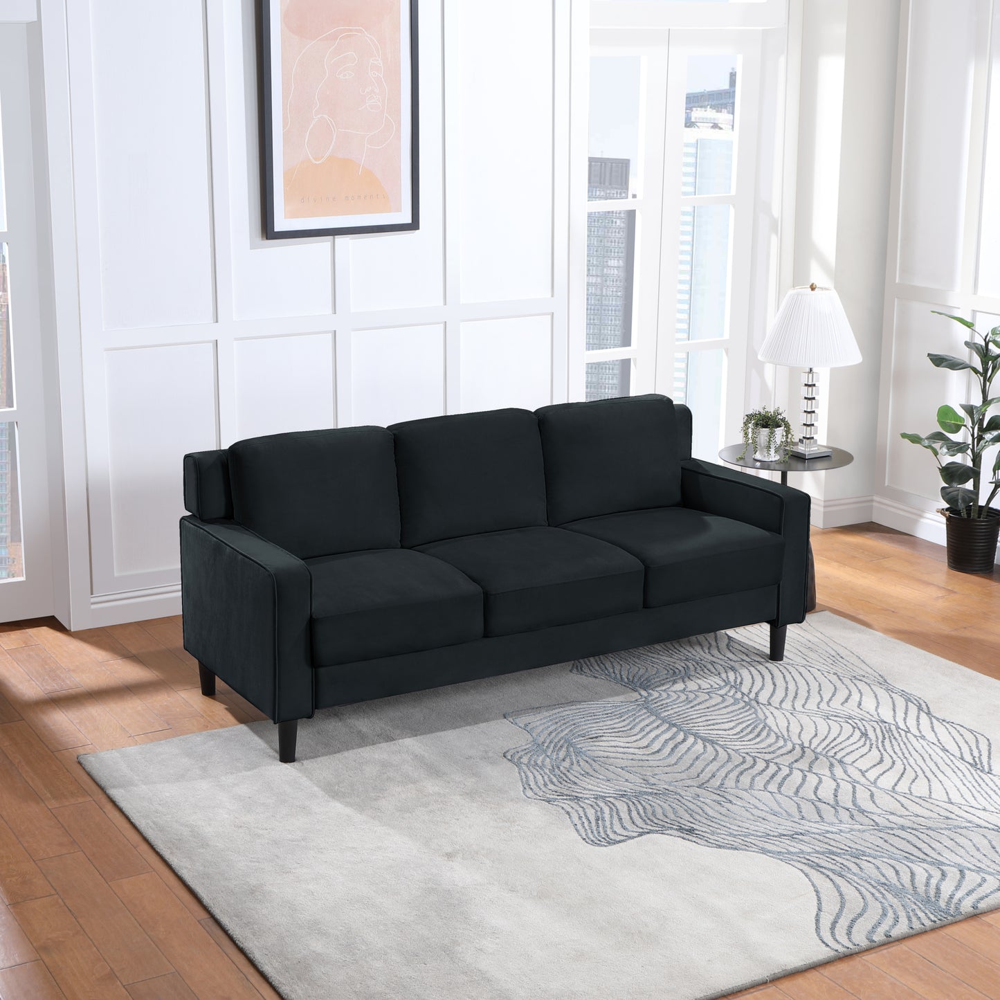 77.16 Black Velvet Modern Loveseat Sofa