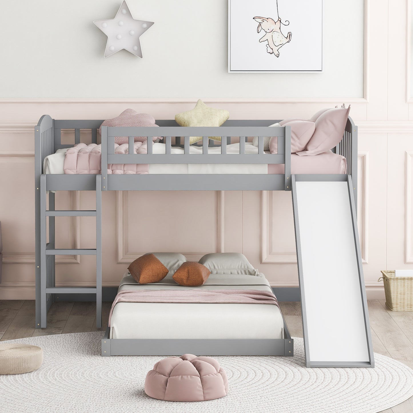 Gray Twin Bunk Bed with Slide, Ladder, and Space-efficient Design