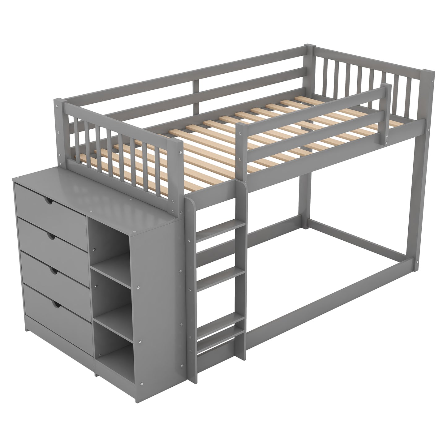 Gray Space-Saving Twin Bunk Bed with Storage Cabinet and Shelves