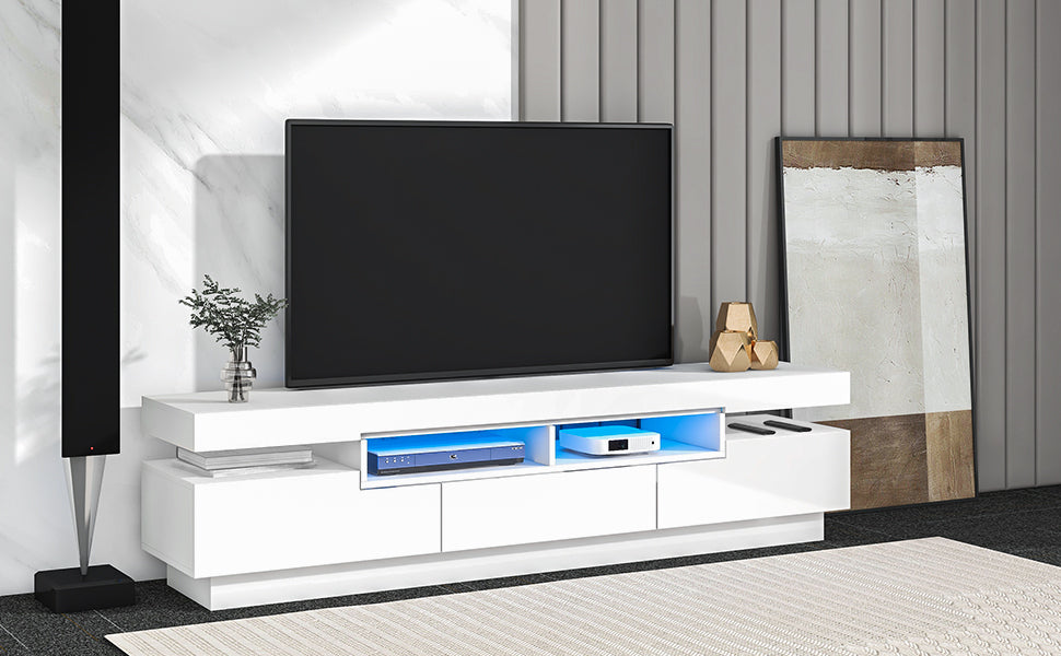 Sleek White TV Stand with Multi-Color LED Lights and Storage for 75 Inch TV