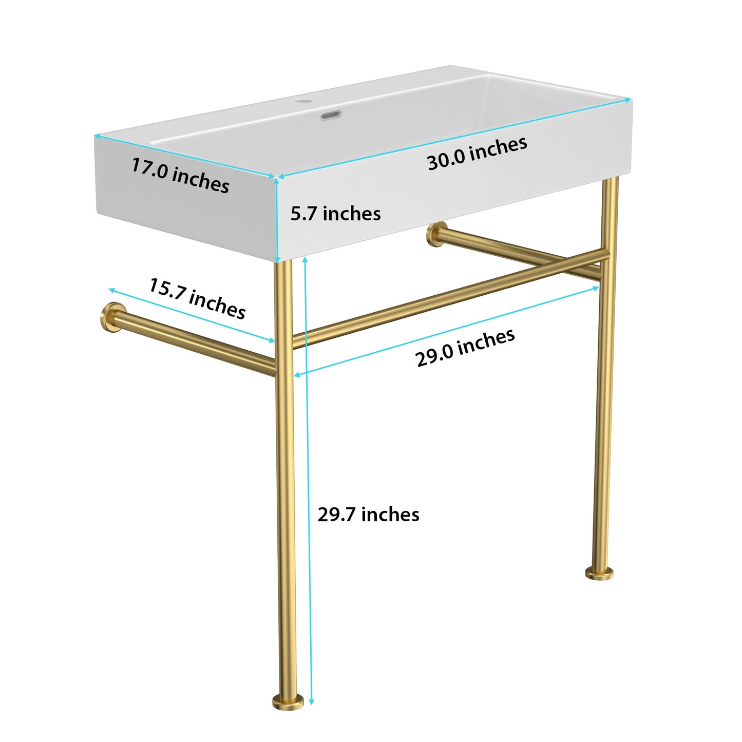 30" Bathroom Console Sink with Overflow,Ceramic Console Sink White Basin Gold Legs