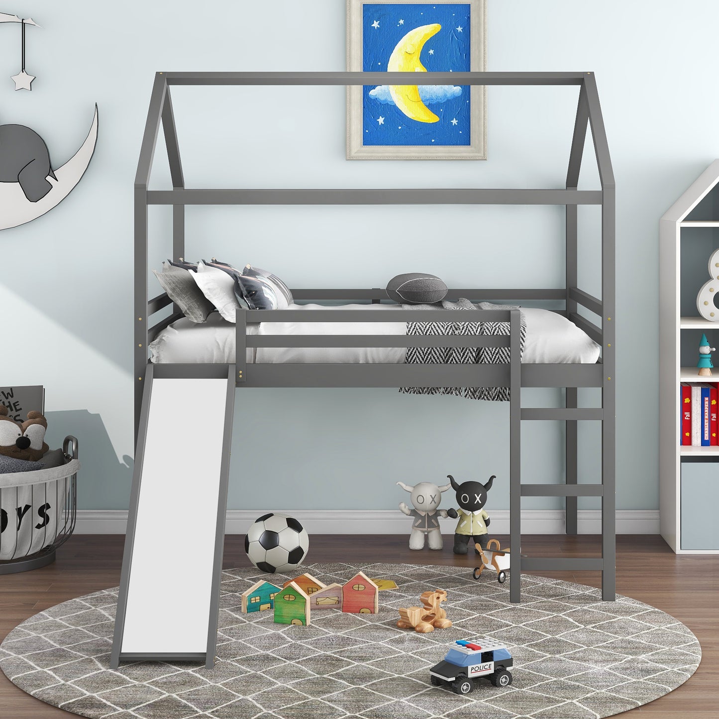 Full Size Loft Bed with Slide, House Bed with Slide,Gray( :WF281161AAE)