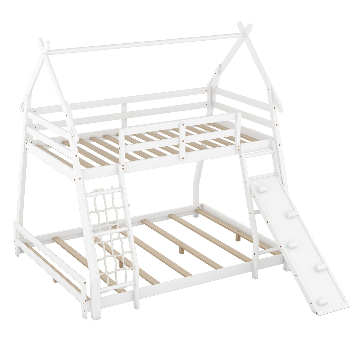 Twin and Queen Climbing House Bunk Bed with Nets and Ramp in White