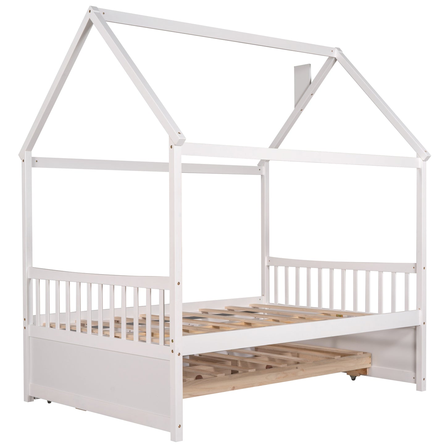 Full size Wooden House Bed with Trundle and 3 Storage Drawers-White