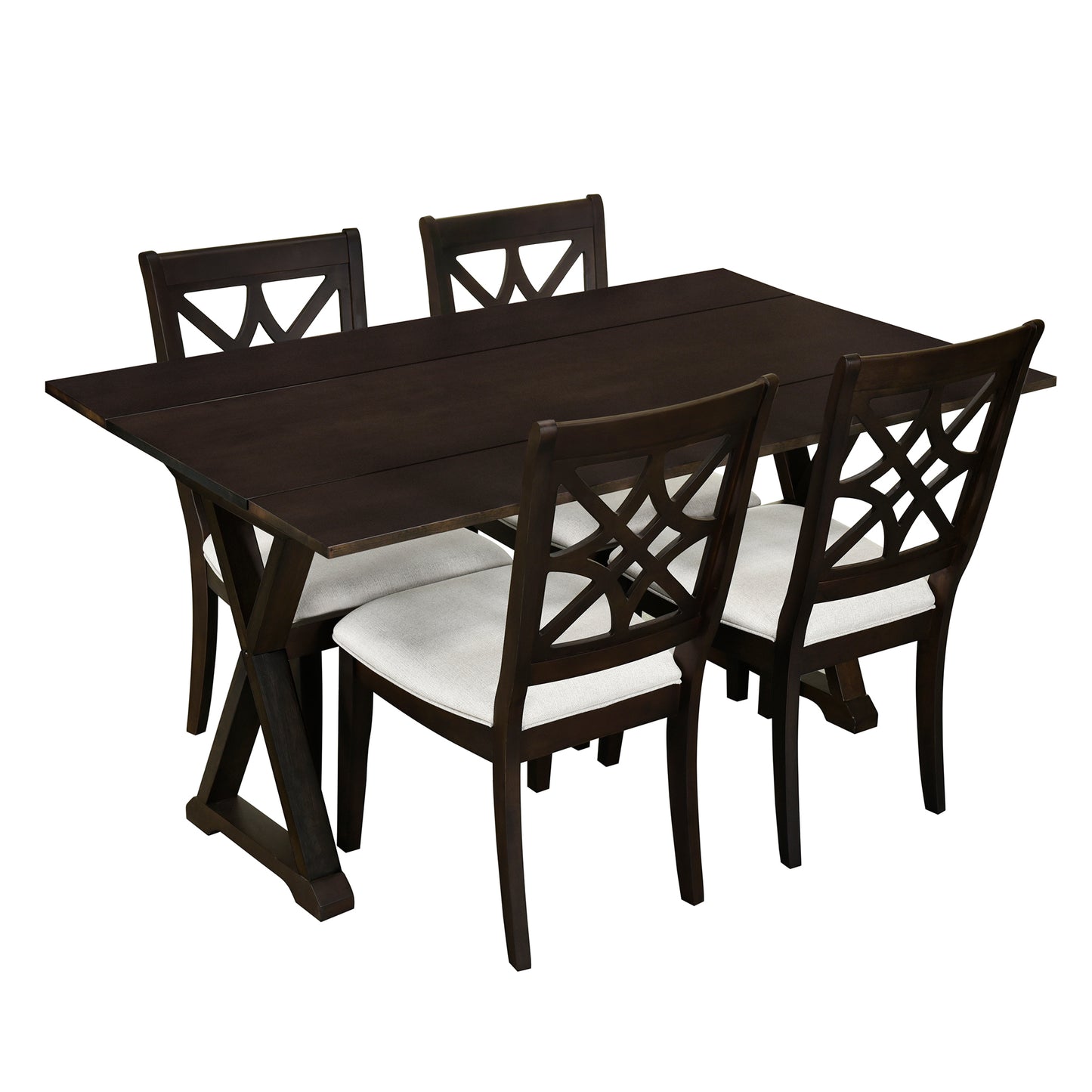 5-Piece 62*35.2inch Extendable Rubber Wood Dining Table Set with X-shape Legs,Console Table with Two 8.8Inch-Wide Flip Lids and Upholstered Dining Chairs ,Dark Walnut