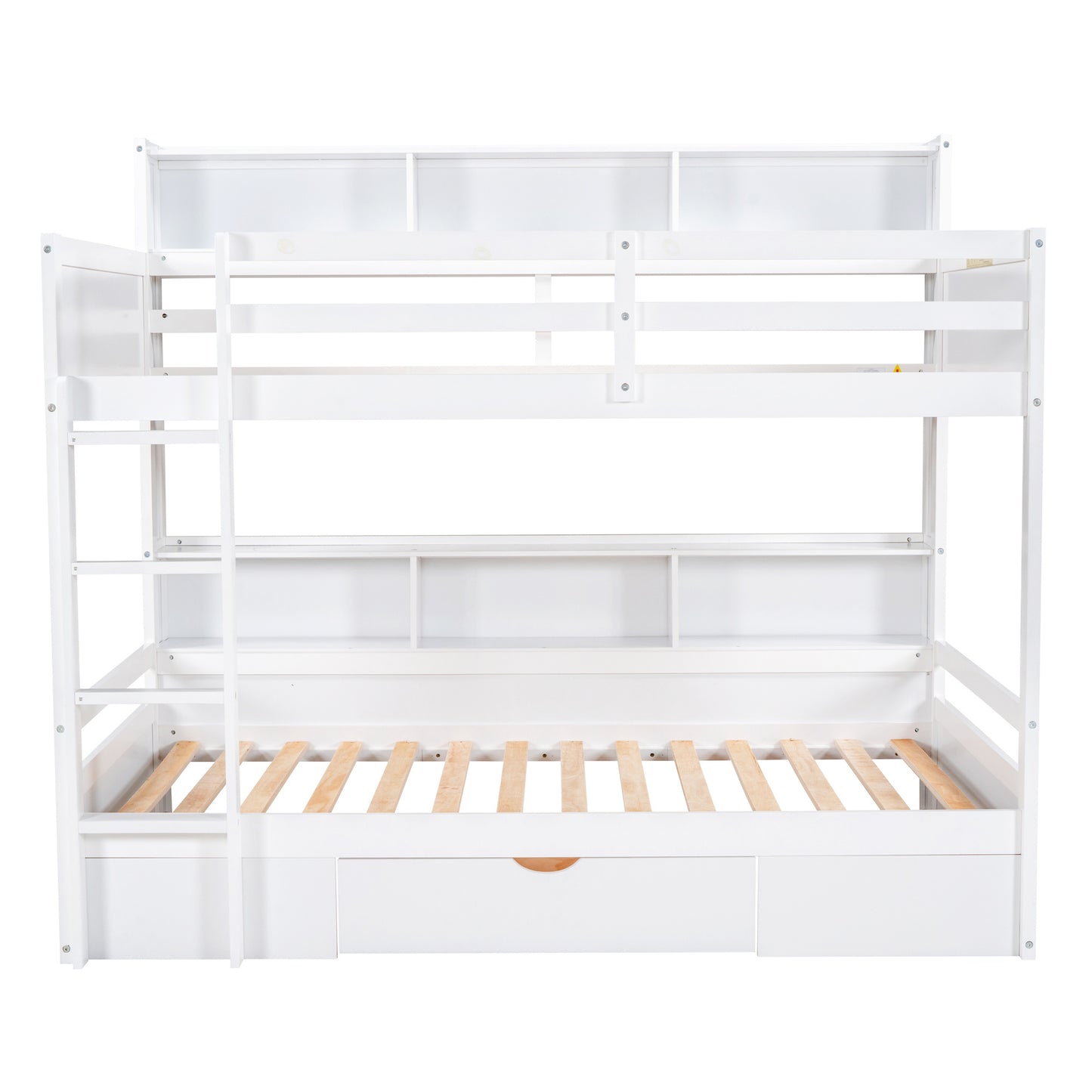 White Twin Size Bunk Bed with Underbed Storage Shelves and Drawer