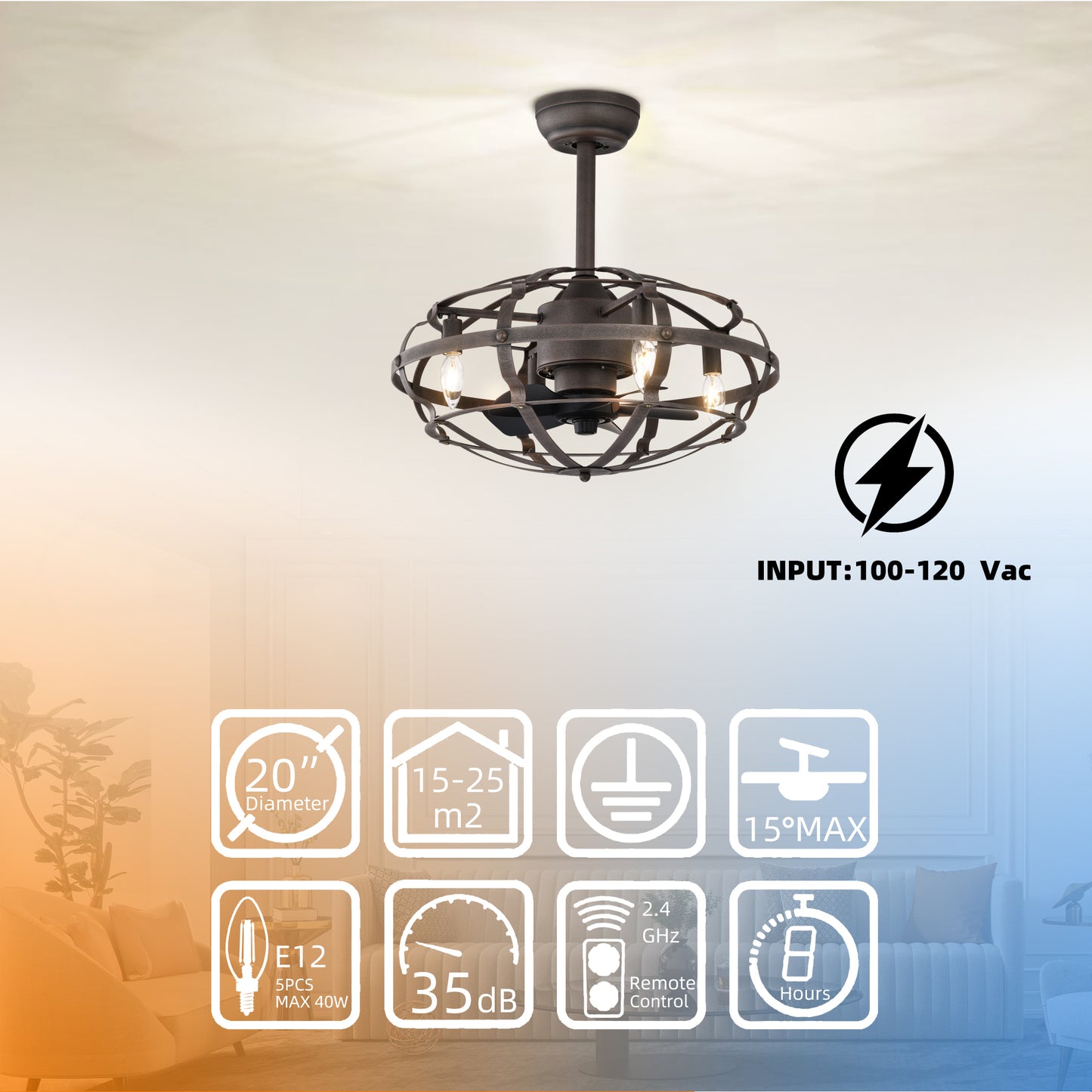 Modern Bladeless Ceiling Fan with Remote Control and Adjustable Height - Rust Red Industrial Style