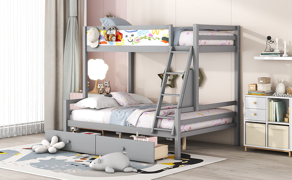 Grey Wood Twin over Full Bunk Bed with Whiteboard, 3 Hooks, and 2 Drawers - Innovative Storage Solution Twin over Full Bunk Bed