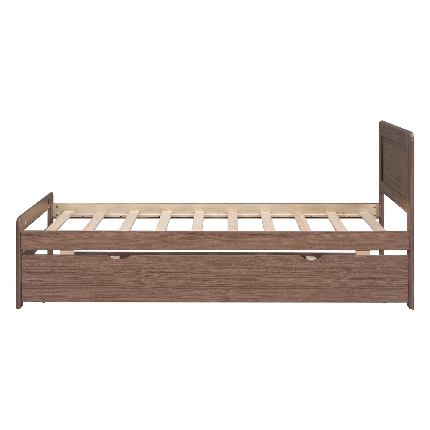 Modern Design Wooden Twin Size Platform Bed Frame with Trundle for Walnut Color