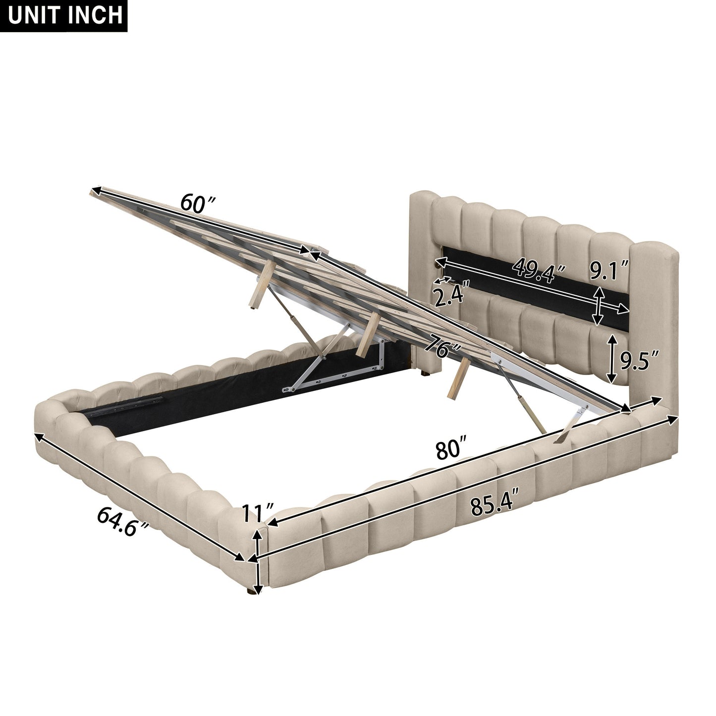 Queen Size Upholstered Platform Bed with LED Headboard and USB, Beige