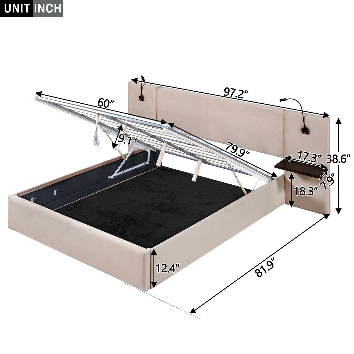 Queen Size Storage Upholstered Hydraulic Platform Bed with 2 Shelves, 2 Lights and USB, Beige