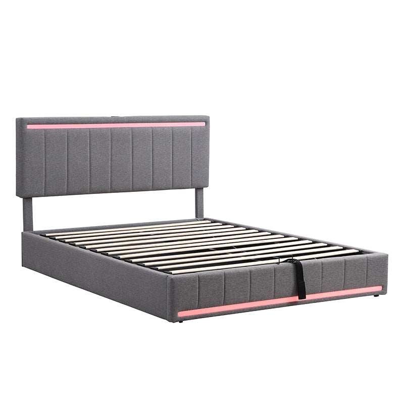 Queen Size Upholstered Platform Bed with Hydraulic Storage System, LED Light, and a set of USB Ports and Sockets, Linen Fabric, Gray