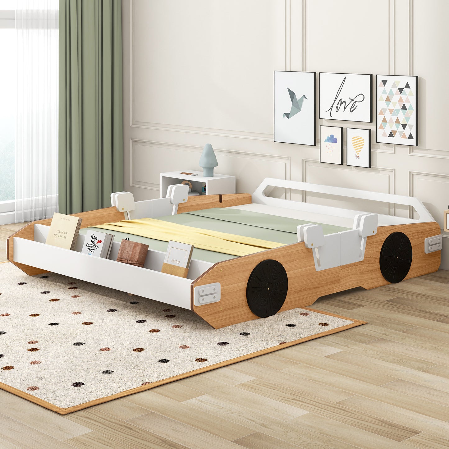 Wood Full Size Racing Car Bed with Door Design and Storage, Natural+White+Black