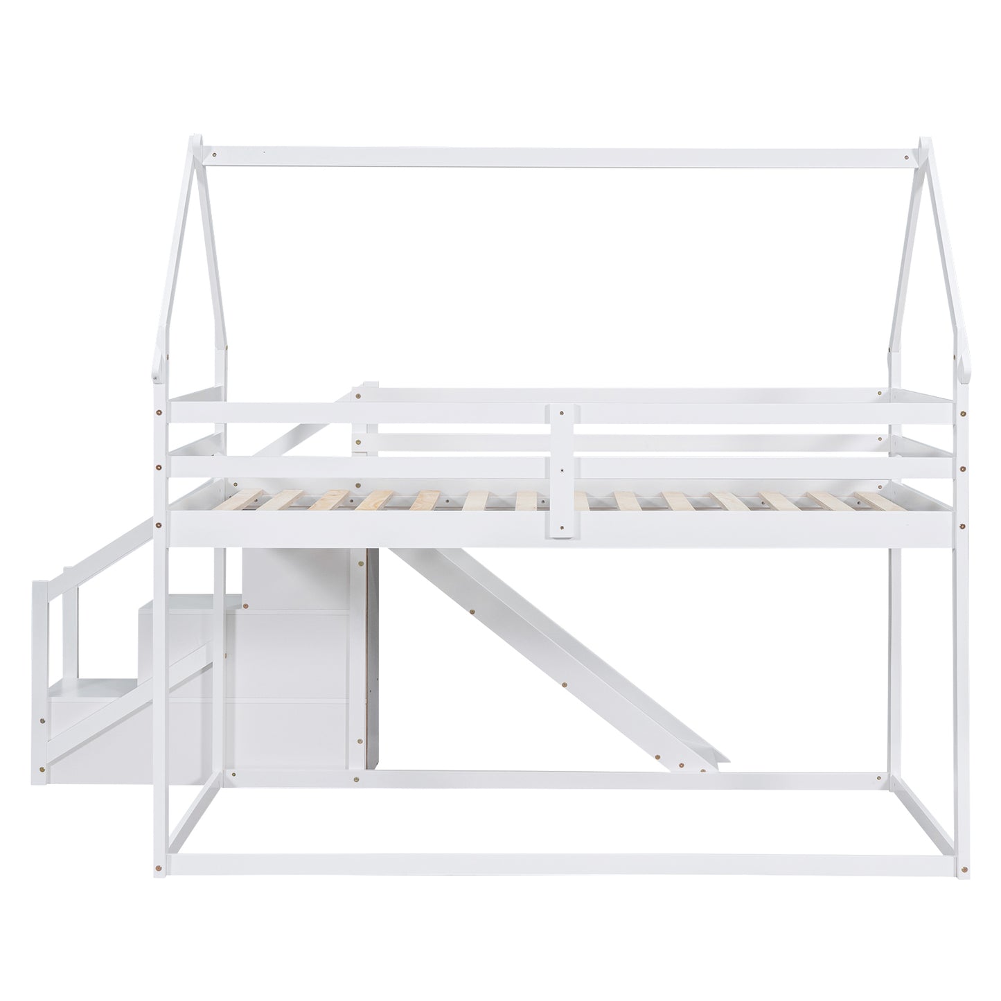 White Twin over Twin House Loft Bunk Bed with Slide, Staircase, Storage, and Play Area