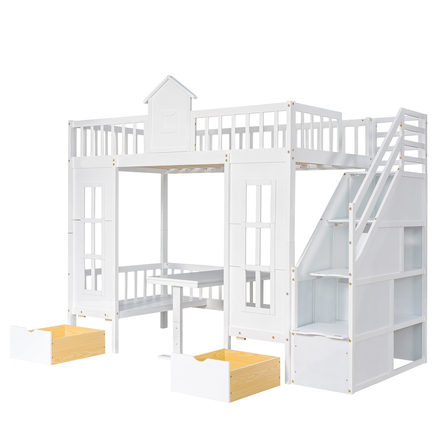 Convertible Twin Bunk Bed with Changeable Table - White - Versatile & Stylish Twin Over Twin Loft Bed