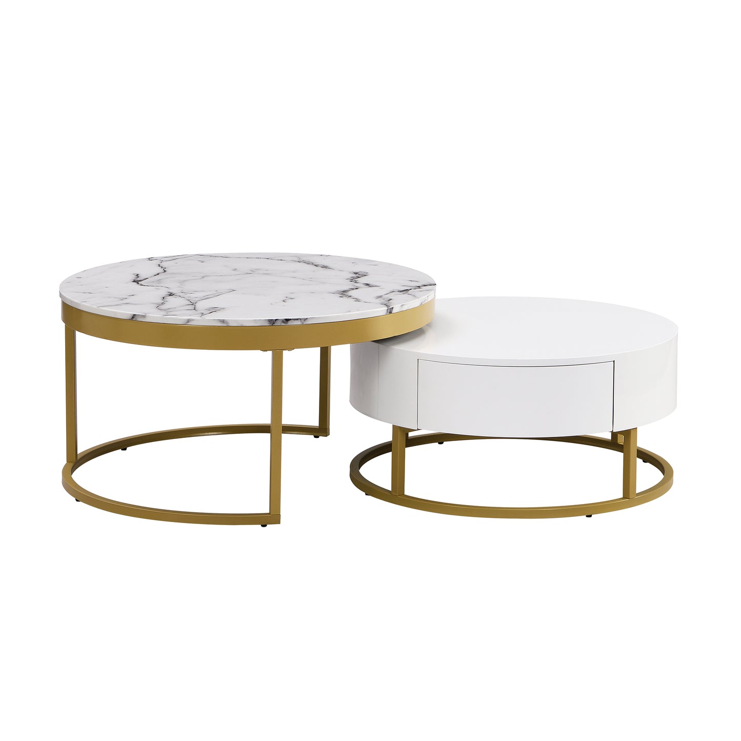 Contemporary White and Gold Nesting Coffee Table with Storage Drawers